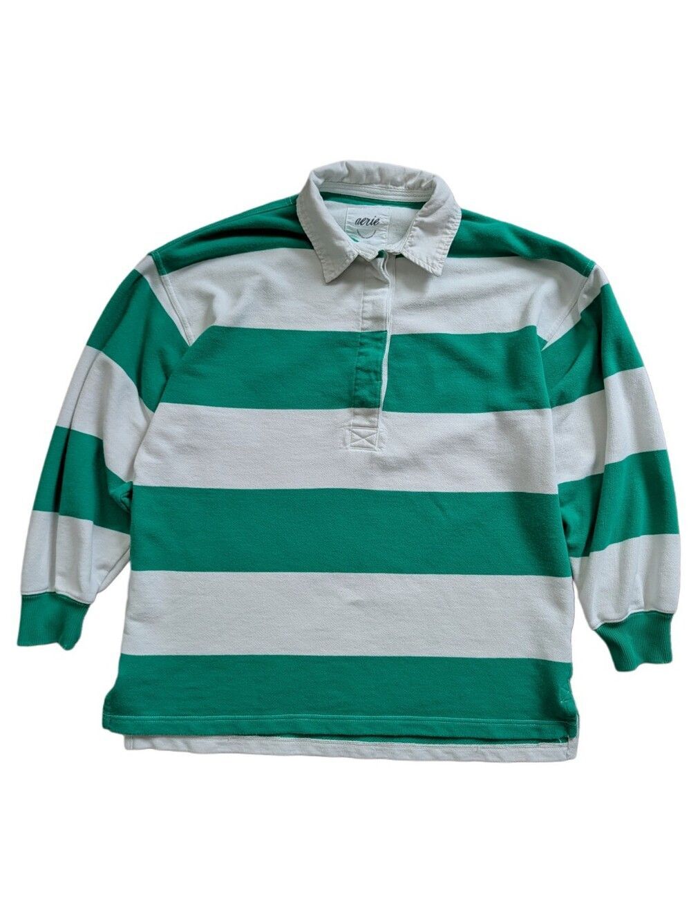 Aerie Womens White Green Striped Pullover Long Sleeve Rugby Shirt Size Small - Picture 1 of 8